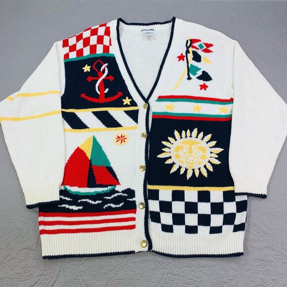 Alfred Dunner Cardigan Sweater Vintage Womens Large Sun Sailing‎ AOP White Knit - Picture 1 of 7